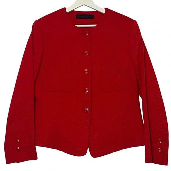 Donna Karan Women’s Red Blazer size 8 Round Neck Cotton pockets lined Christmas - Picture 1 of 11